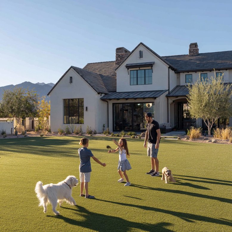 Family playing on clean artificial turf